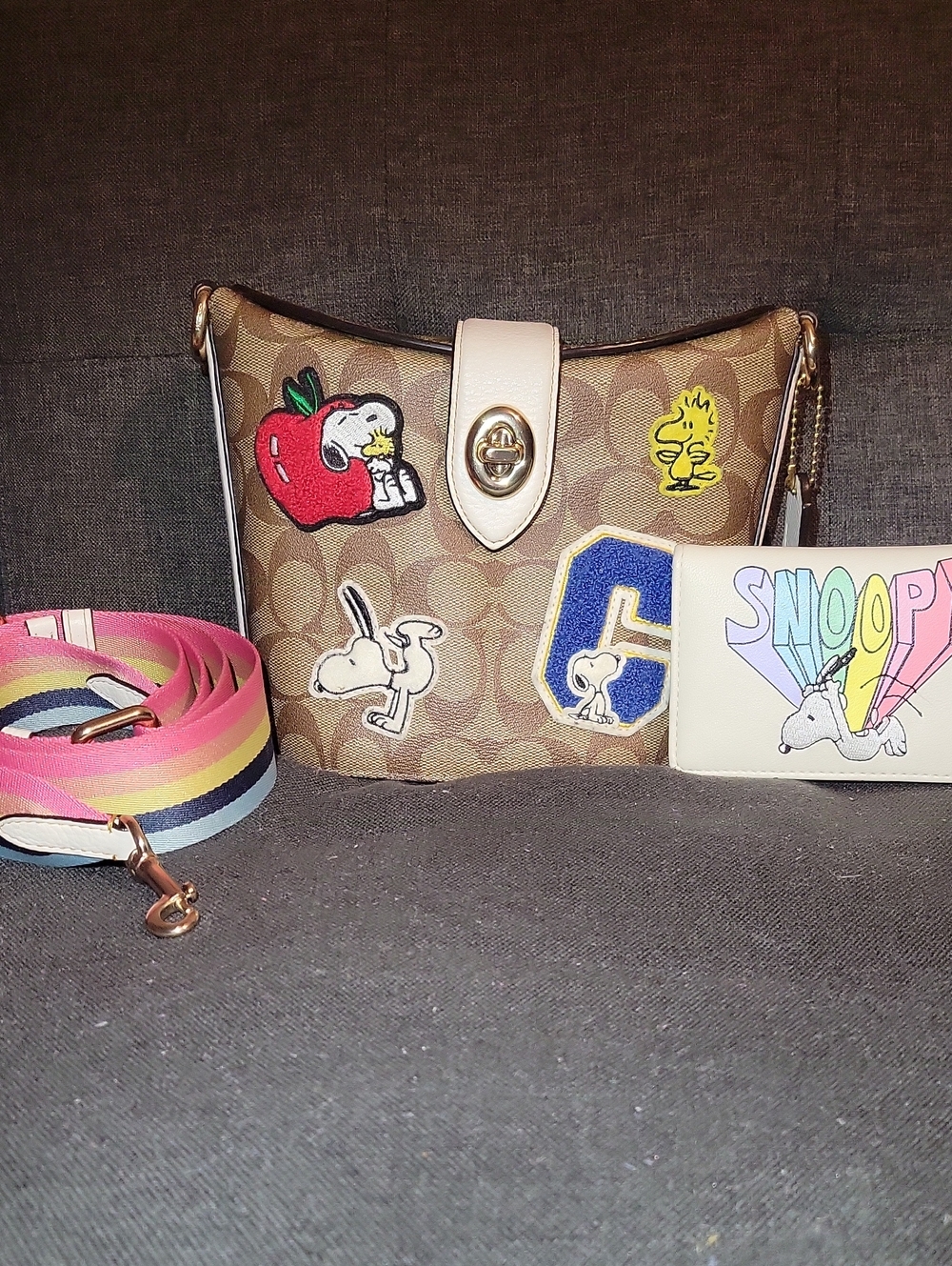 SNOOPY Coach Brown Signature Crossbody with White Trim and Colorful Patches
